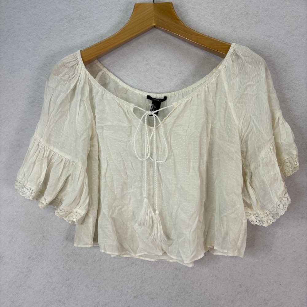 Forever 21 White Swiss Dot Tassel Tie Blouse Womens S Boho Cottagecore Festival